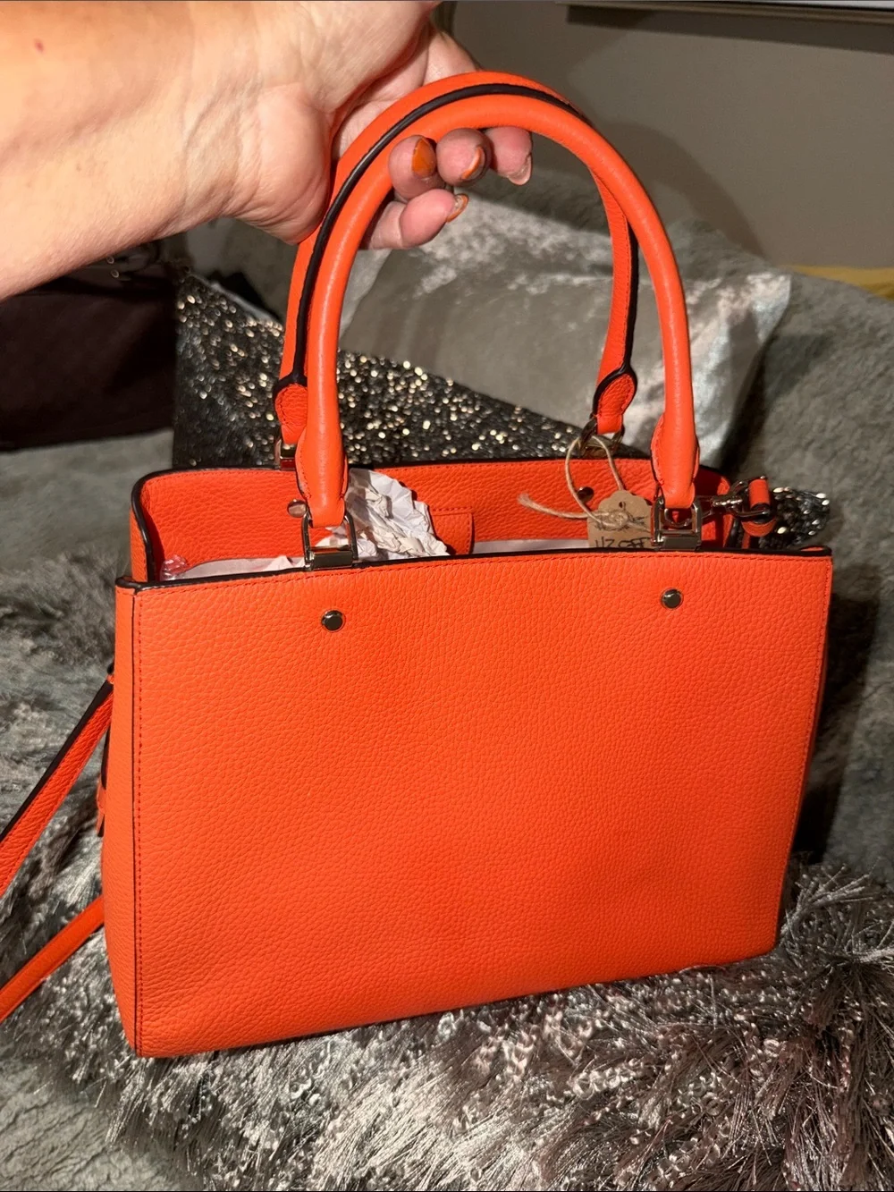 Orange Leather Tote Handbag with Removable Strap